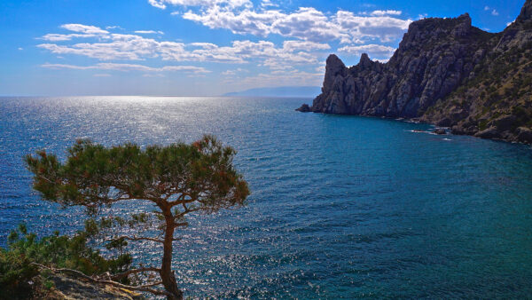 Wallpaper Clouds, White, Ocean, Waves, View, Nature, Rock, Sky, Landscape, Blue, Under, Mountain