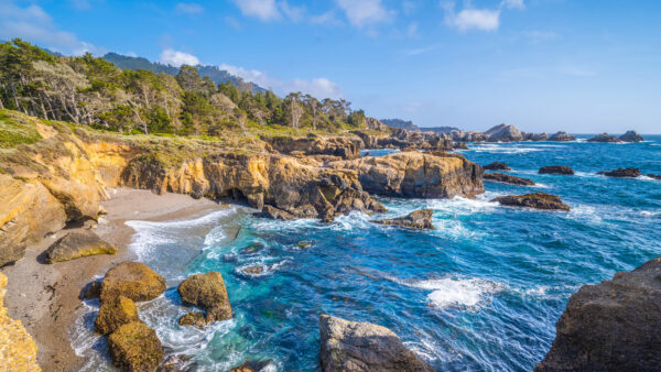 Wallpaper Rocks, Landscape, Desktop, Under, Green, Nature, View, Leaves, Ocean, Mobile, Sky, Waves, Stones, Blue, Trees