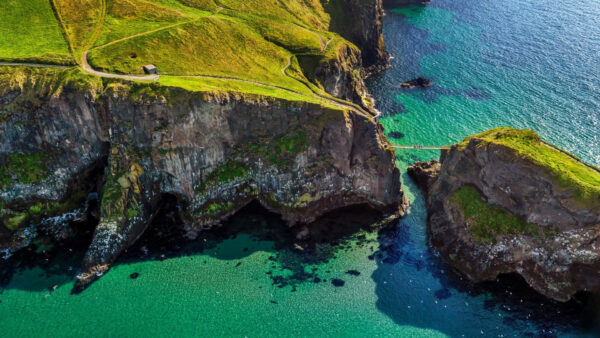 Wallpaper Aerial, Road, Nature, View, Between, Grass, Green, Ocean, Mountains