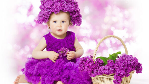 Wallpaper Little, Flowers, Having, Purple, Grey, Head, Cute, Girl, Eyes, Dress, Wearing