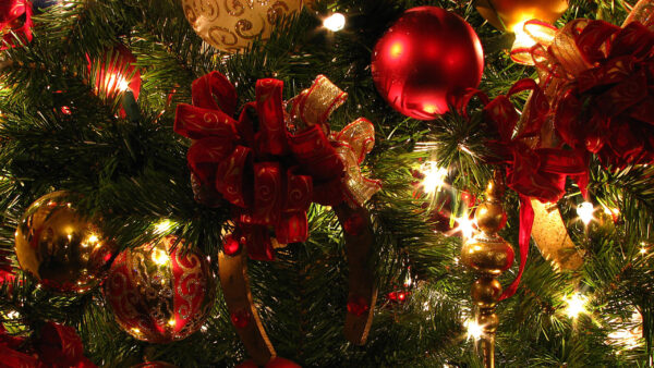 Wallpaper Golden, Red, Lights, Christmas, Ornaments, Tree, Decoration
