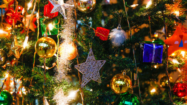 Wallpaper Christmas, Gift, Lights, Decoration, Ornaments, Balls, Tree, Box, Stars, Golden
