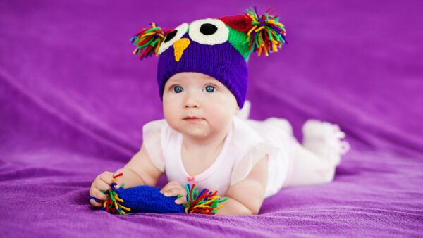 Wallpaper Cute, Purple, White, Baby, Cap, Dress, Knitted, Girl, Lying, Wearing, Cloth, Down, Colorful, Woolen, And, Soft