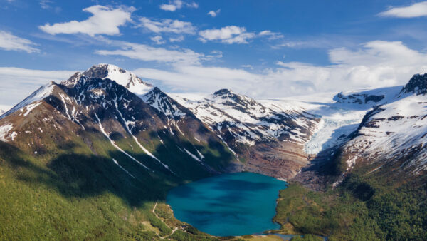 Wallpaper Desktop, Svartisvatnet, Mobile, Lake, Covered, Blue, Under, Mountains, Nature, Norway, White, Cloudy, Surrounded, Sky