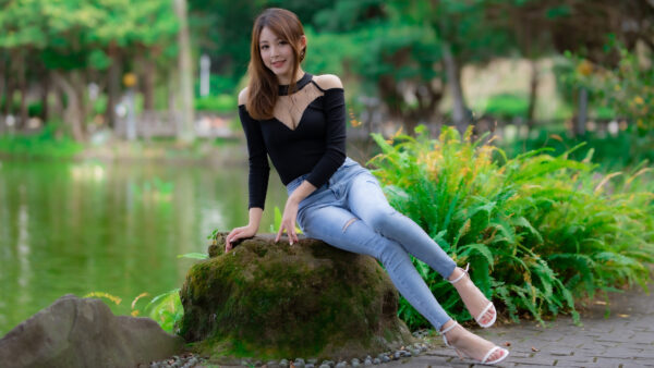 Wallpaper Stone, And, Model, Desktop, Mobile, Sitting, Background, With, Cute, Trees, Water, Black, Shallow, Blue, Jean, Top, Girl