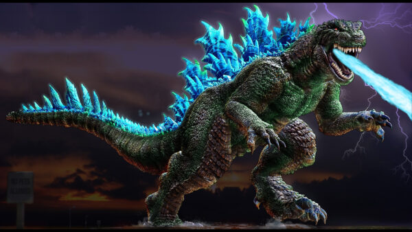 Wallpaper Blue, Movies, Godzilla, With, Fire, Black, Throwing, From, Flame, Background, Sky, Mouth, Lightning, Desktop
