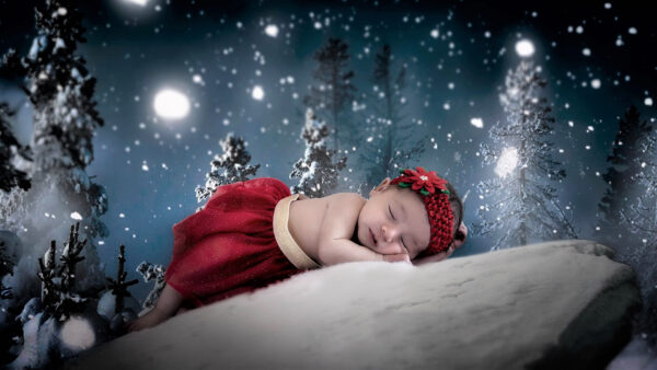 Wallpaper Cute, Rock, Snow, Dress, Starry, Head, Covered, With, Red, Wearing, And, Background, Baby, Girl, Band, Desktop, Sleeping