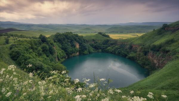 Wallpaper White, Cloudy, Water, Nature, Surrounded, Green, Sky, Covered, Trees, Body, Black, Rock, Under