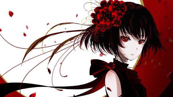 Wallpaper Red, Black, Hair, Girl, Head, Anime, With, Flowers, Eyes