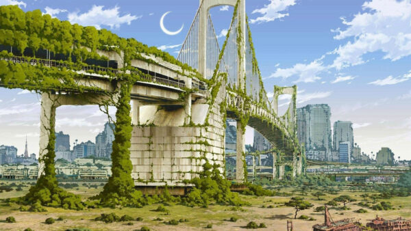 Wallpaper Sky, Bridge, Background, White, Green, Blue, Moon, Clouds, Buildings, Plants, Half, Anime