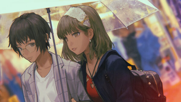 Wallpaper Girl, Boy, Under, Purple, Anime, Umbrella, Dress, Couple, Red, Blue