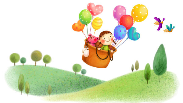 Wallpaper Kids, Teddy, Balloons, Pink, Bear, Girl, Birds, Trees, Colorful