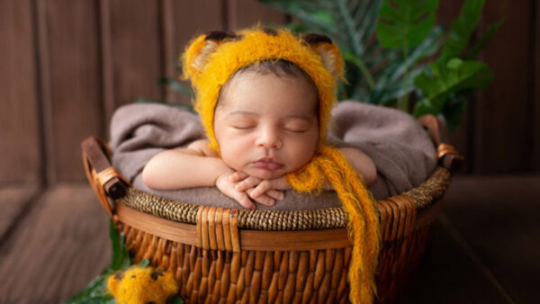 Wallpaper Wearing, Yellow, Bamboo, Sleeping, Baby, Cute, Knitted, Infant, Cap, Woolen, Basket
