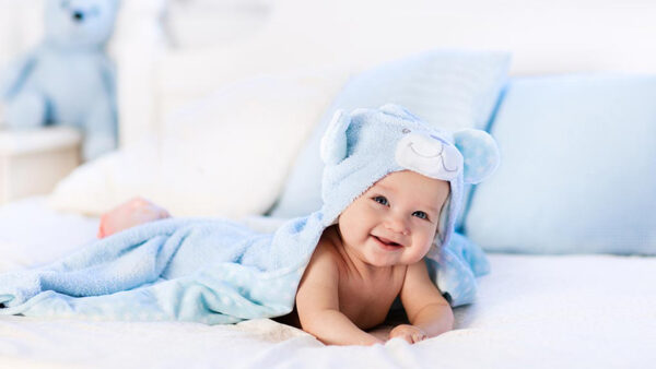 Wallpaper With, Face, Toddler, Blue, Hooded, Smiling, Covering, Bed, Cute, Animal, Down, White, Towel, Lying