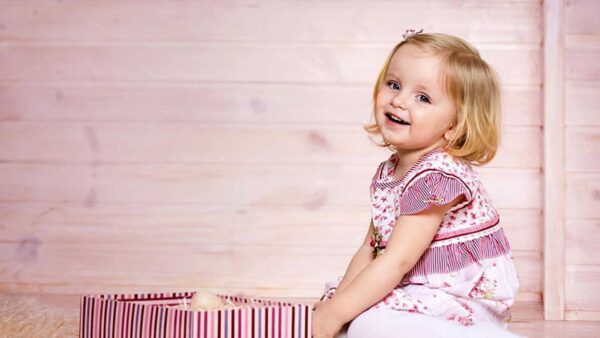 Wallpaper Dress, Pink, White, WALL, Background, Light, Sitting, Baby, Smiling, Cute, Little, Girl, Wearing