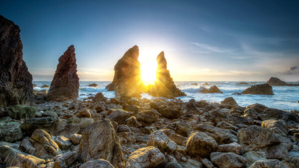 Wallpaper Rocks, Daytime, During, Sunlight, Through, Between, Blue, Under, Desktop, Passing, Seashore, Sky, Mobile, Nature