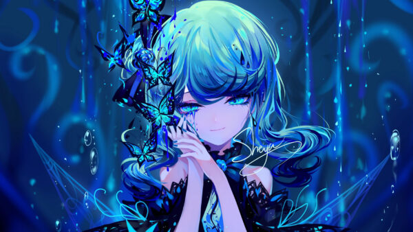 Wallpaper Blue, Butterflies, Hair, Anime, Girl