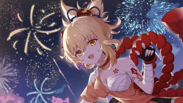 Wallpaper Fireworks, Background, Sky, Yoimiya, Impact, Eyes, Yellow, Genshin