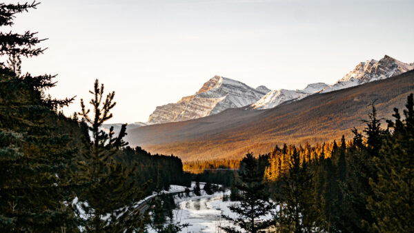 Wallpaper Trees, Nature, Slope, View, River, Snow, And, Reflection, Between, Covered, Landscape, With, Mountains, Forest