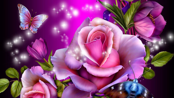Wallpaper Butterfly, Pink, Background, Roses, Glittering, With