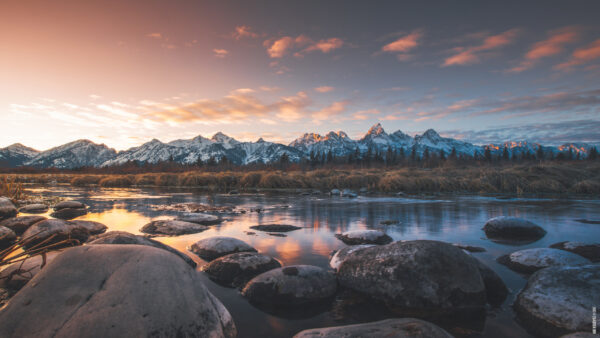 Wallpaper Blue, Mountains, Covered, Clouds, Water, Under, Snow, White, MacBook, Sky, Stones