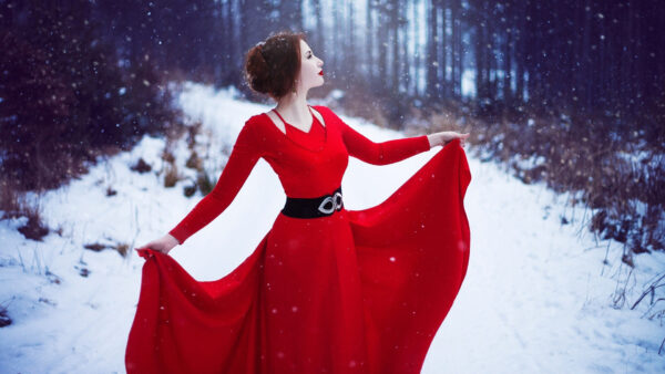 Wallpaper Background, Falling, Girls, Beautiful, Red, Wearing, Dress, Model, Snow, Girl, White