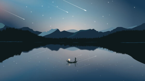 Wallpaper Mountains, Background, Starfall, Minimalism, Boat, Sky