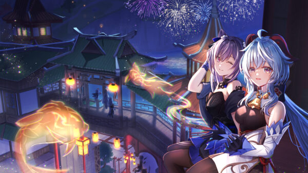 Wallpaper Ganyu, Impact, Background, Keqing, Fireworks, Genshin