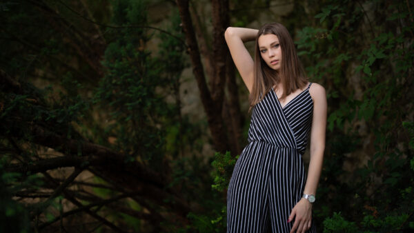 Wallpaper Girls, Lines, Background, Standing, Trees, Dress, White, Green, Girl, Model, Black, Forest, Wearing
