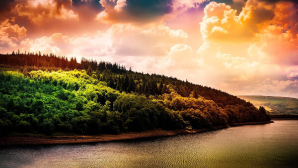 Wallpaper Landscape, Under, Mountains, Slope, Sky, River, Colorful, Forest, View, Clouds, Nature, Trees