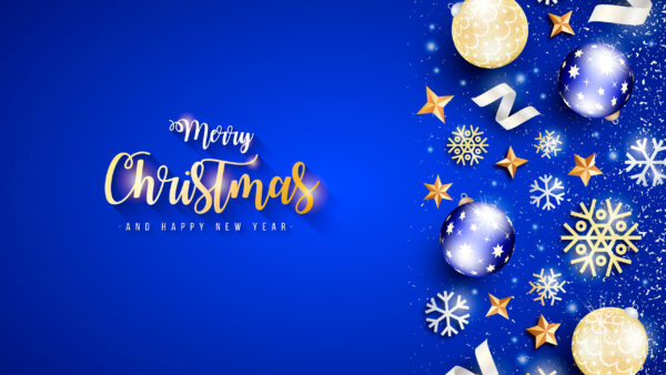 Wallpaper Merry, Christmas, Snowflakes, Blue, Stars, Balls, Ornaments, Golden