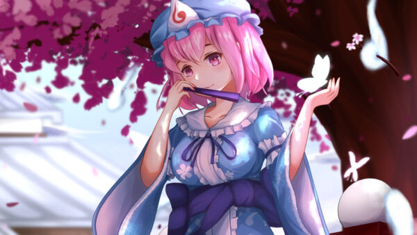 Wallpaper With, Eyes, Blue, Dress, Girl, Pink, Light, Anime, White