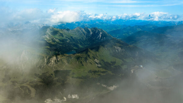 Wallpaper Clouds, Mountains, Bushes, Blue, Trees, Fog, Nature, View, Greenery, Sky, Lake, Aerial