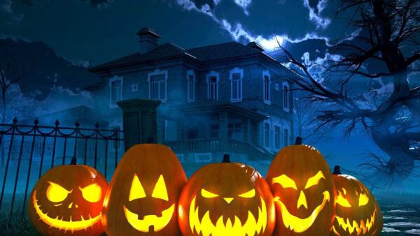 Wallpaper Pumpkins, Halloween, Happy, With, House, Desktop, Fence, Near, Haunted
