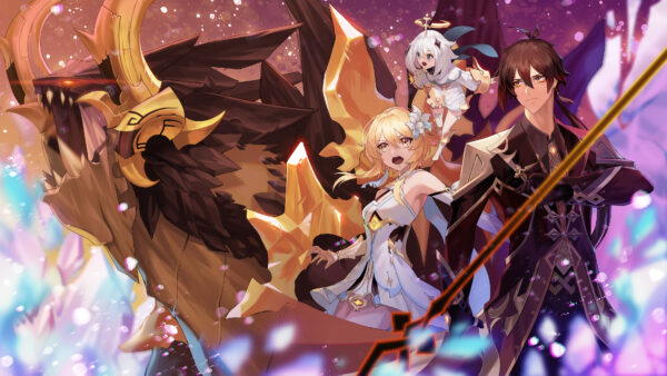 Wallpaper Lumine, Impact, Zhongli, Genshin, Paimon