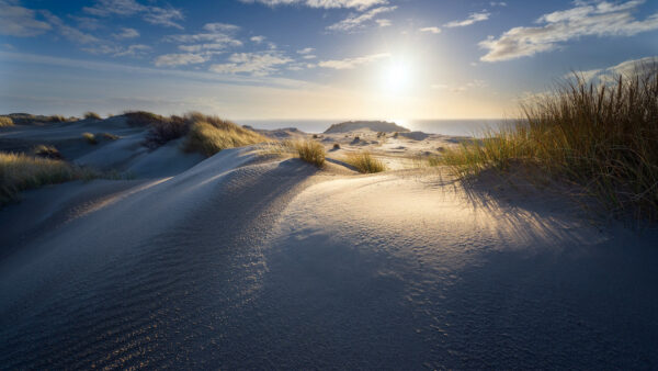 Wallpaper Beach, Blue, Grass, Mountains, White, Sunlight, Nature, Sand, Sky, Under, Clouds