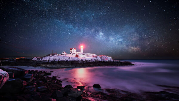 Wallpaper Hill, Sky, And, Black, Stars, Snow, Desktop, Lighthouse, Covered, Blue, Space, Under, With