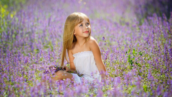 Wallpaper Background, Little, Flowers, Cute, Girl, Blue, Wearing, Field, Dress, Sitting, Blur, Eyes, Purple, White