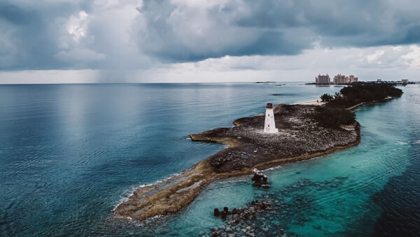 Wallpaper Green, View, Lighthouse, Aerial, Shore, Under, White, Clouds, Forest, Sky, Blue, Sand, Black, Nature, Trees, Sea