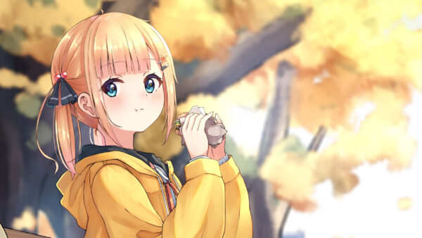 Wallpaper Dress, Blue, Anime, Eating, Sandwich, Yellow, Girl, Eyes, Wearing