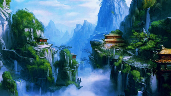 Wallpaper Green, Mountains, Anime, Trees, Pagoda, Background