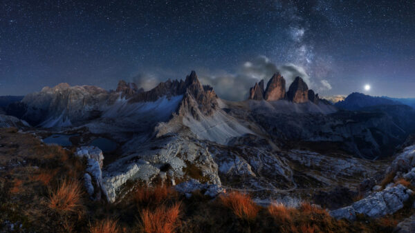 Wallpaper Sky, Grass, Covered, Rock, Mountain, Bushes, Starry, Snow, Dry, Mountains, Under, Blue