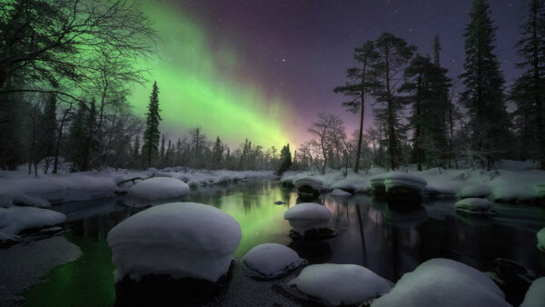 Wallpaper Stones, Starry, Beautiful, Aurora, Under, Nighttime, Nature, During, Borealis, Covered, Lake, Snow, Sky