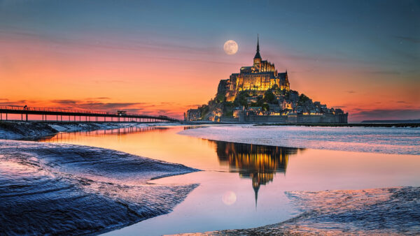 Wallpaper France, Moon, Background, Mont, Travel, Reflection, Water, Saint-Michel, Sky, Starry