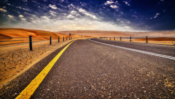 Wallpaper Nature, Road, Under, Between, Fence, Clouds, White, Mountain, Blue, View, Closeup, Slope, Sand, Sky