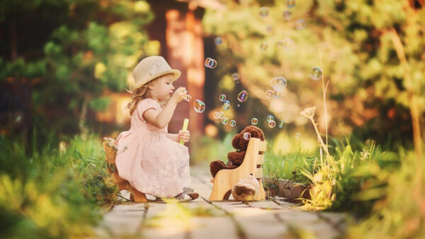 Wallpaper Little, Color, Blowing, Dress, Bubble, Soap, Cute, Wearing, Girl, Hat, Peach, Light, And