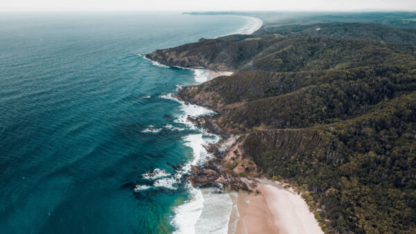Wallpaper Ocean, Nature, View, Trees, Aerial, Bushes, Green, Waves, Mountains, Rocks