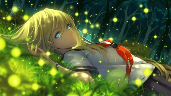 Wallpaper Girl, Anime, Blue, Animated, Fireflies, Eyes