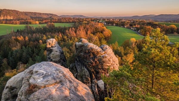 Wallpaper Grass, Yellow, Aerial, View, Green, Trees, Field, Rocks, Autumn, Red, Mountains