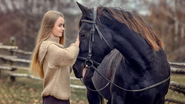 Wallpaper Horse, Knitted, Wearing, Black, Background, Girls, Near, Top, Model, Blur, Girl, Smiling, Standing, Woolen